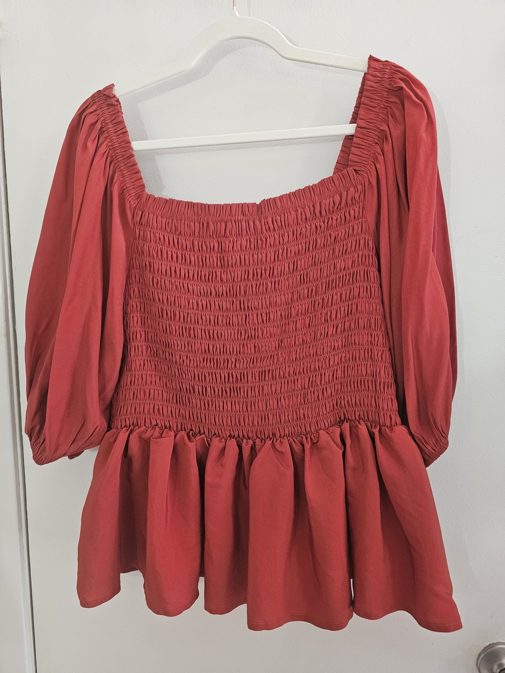 Smocked Red Peplum Blouse with Puff Sleeves - Picture 3 of 5